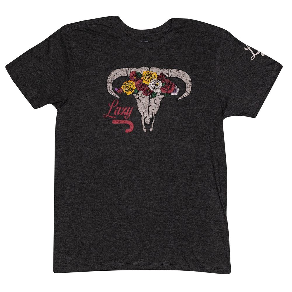 Lazy J Ranch Skull & Flowers T-Shirt - Grey-Lazy J Ranch Wear