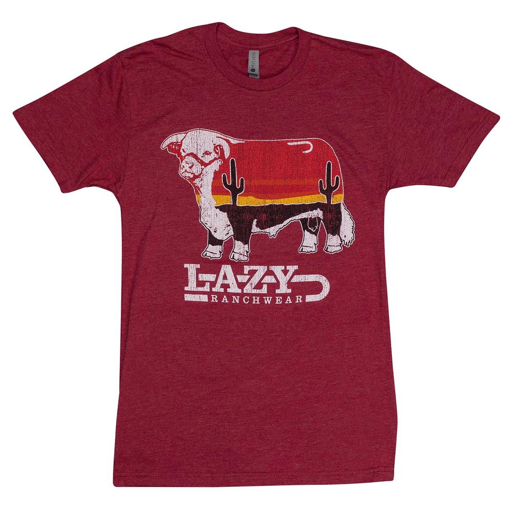 Lazy J Ranch Sunrise Bull Short Sleeve T-Shirt - Red-