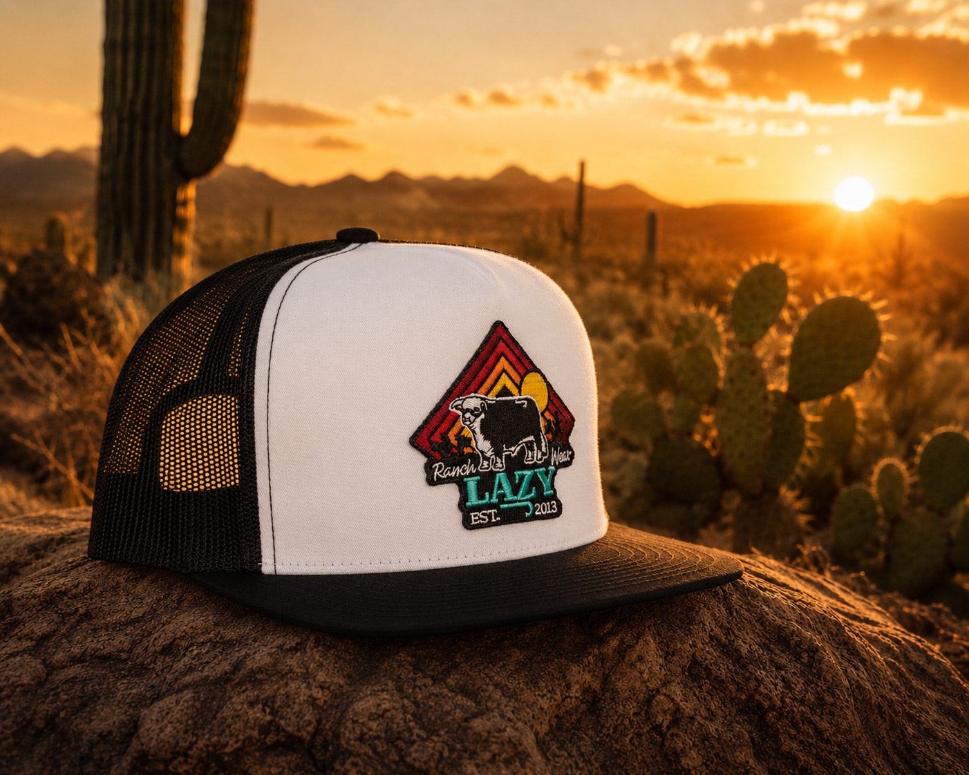 Lazy J Ranch White & Black Cactus Sunrise Classic Five Panel Trucker Hat-