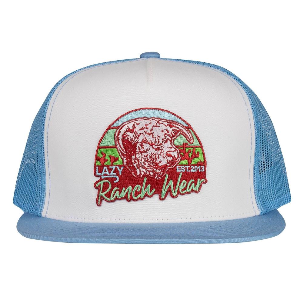 Lazy J Ranch White & Carolina Blue Prickly Pear Classic Five Panel Trucker Hat-Lazy J Ranch Wear