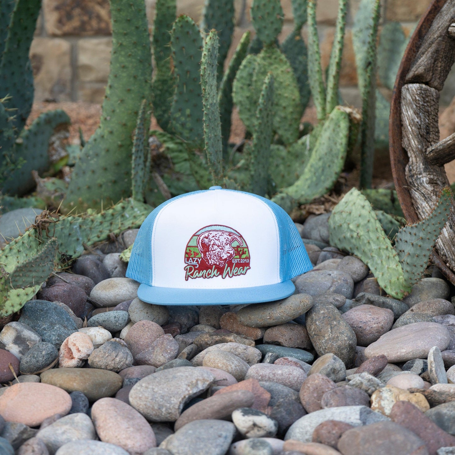 Lazy J Ranch White & Carolina Blue Prickly Pear Classic Five Panel Trucker Hat-