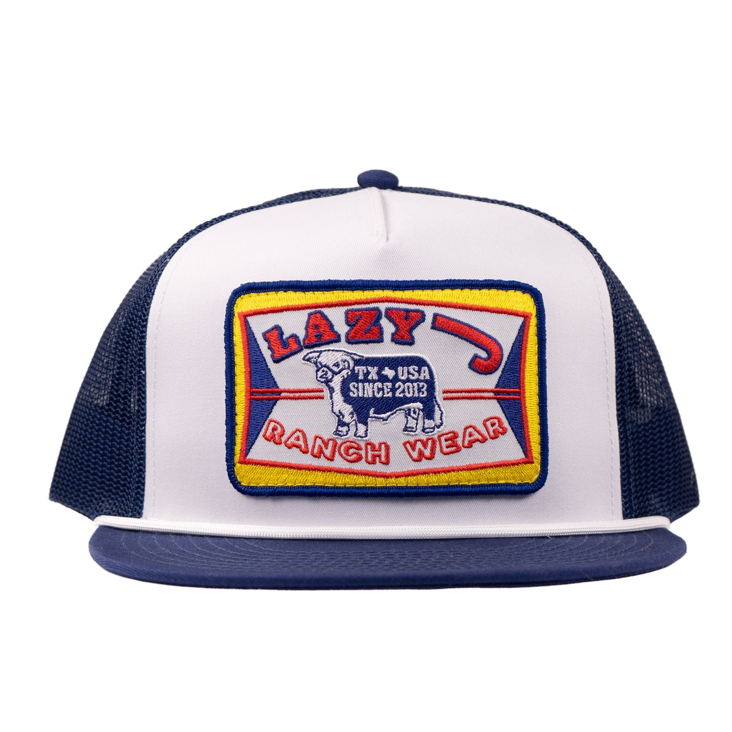 Lazy J Ranch White & Navy Feed Wagon Classic Rope Trucker Hat-