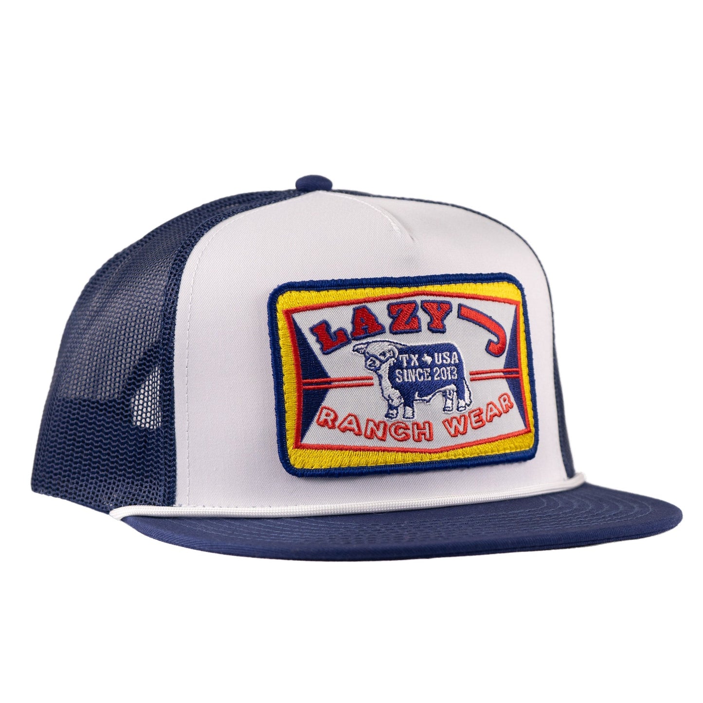 Lazy J Ranch White & Navy Feed Wagon Classic Rope Trucker Hat-
