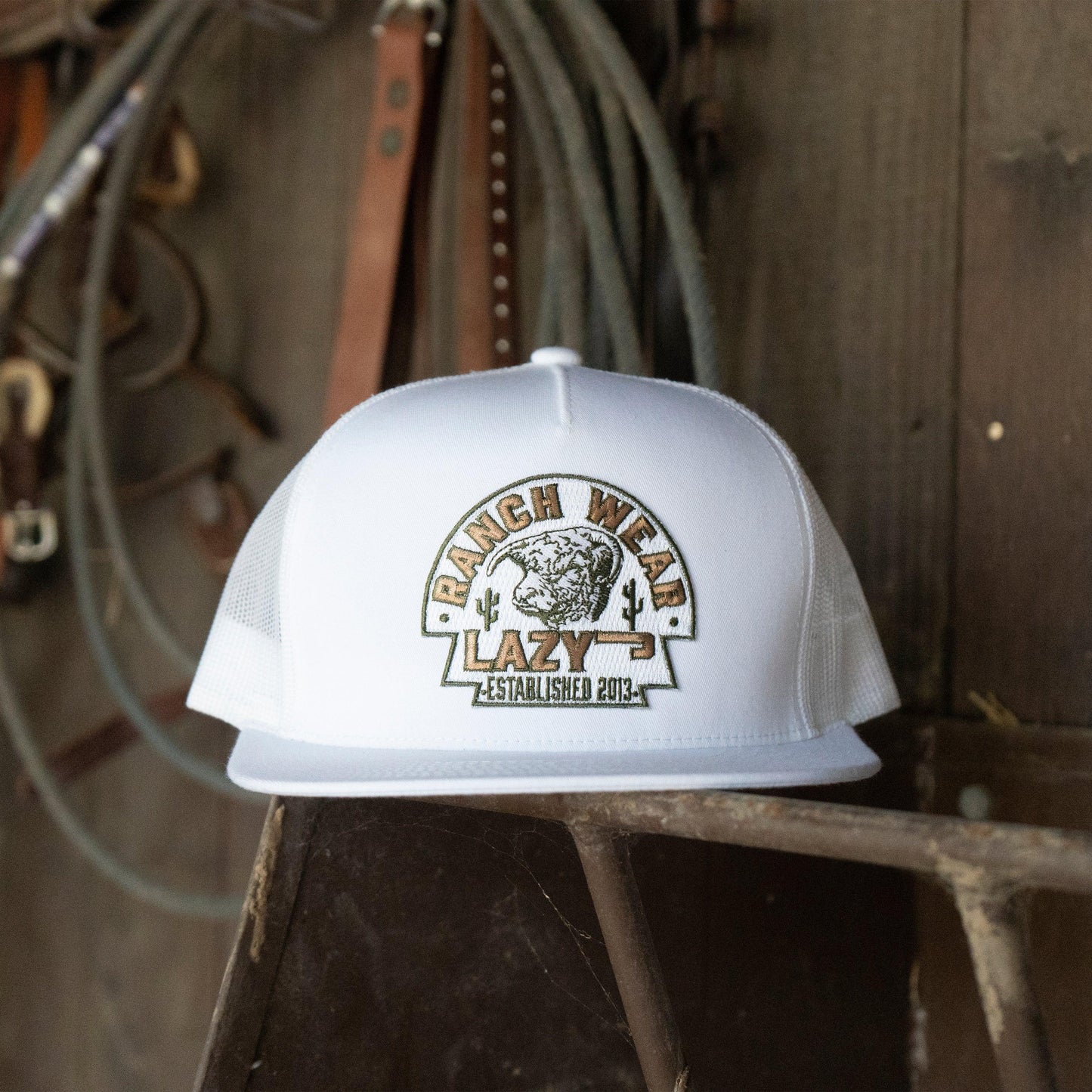 Lazy J Ranch White Olive Arrowhead Classic Five Panel Trucker Hat-