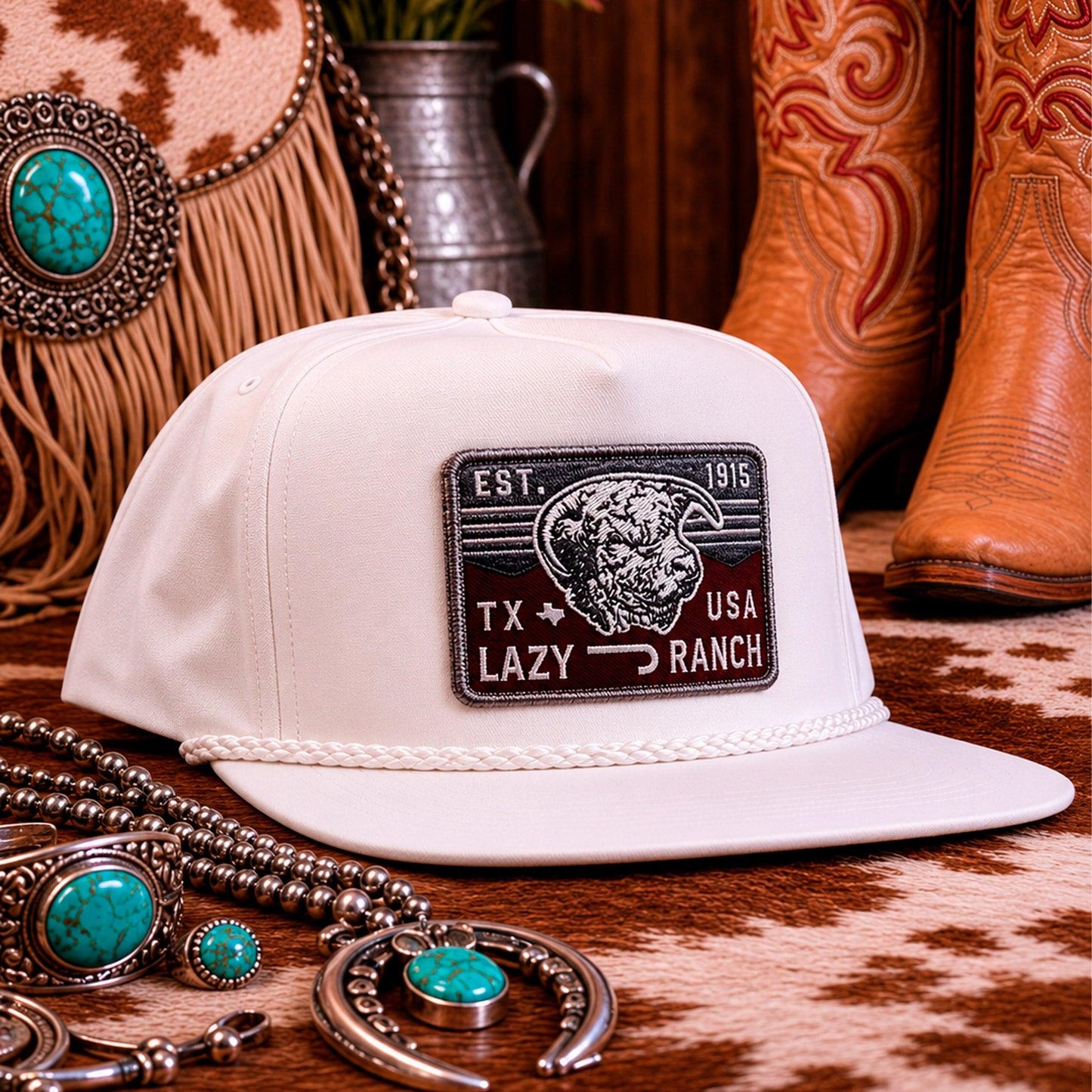 Lazy J Ranch White Red Rock Classic Rope Trucker Hat-
