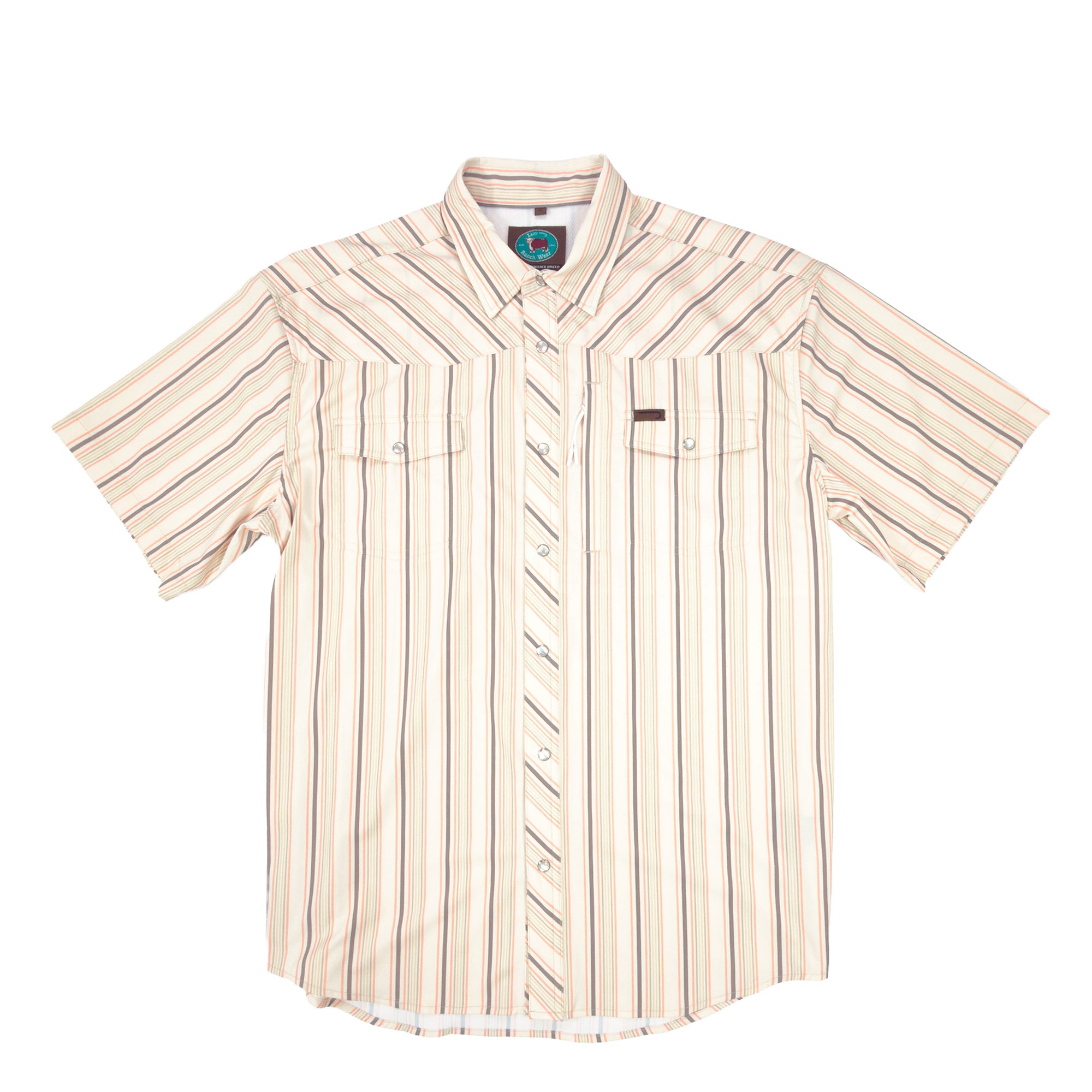 Short Sleeve Performance Pearl Snap, Pink/Grey Stripe | Lazy J