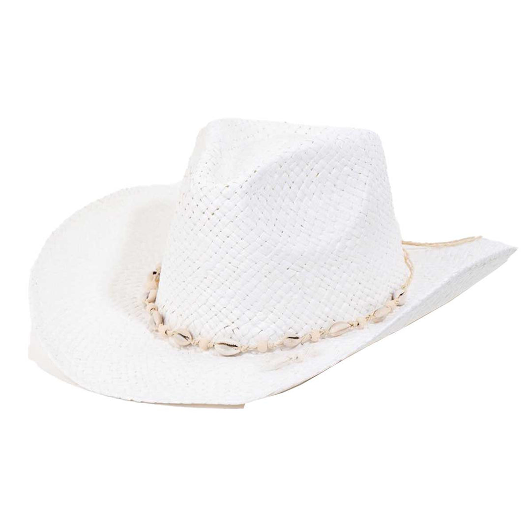 Fame Accessories Women's Straw Weave Cowrie Shell Cowboy Hat - White