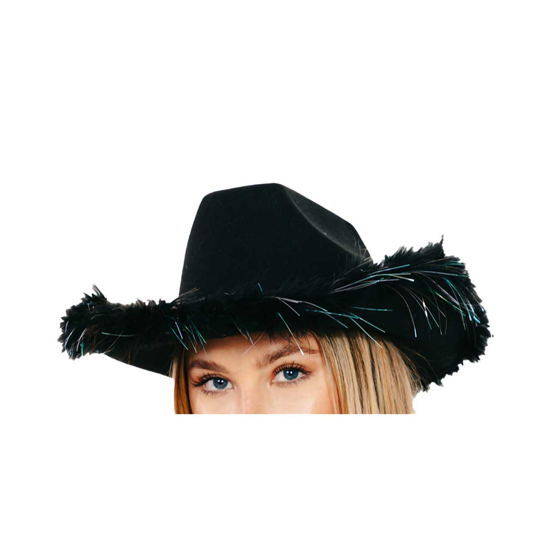 Fame Accessories Women's Faux Feather Trim Cowboy Hat - Black