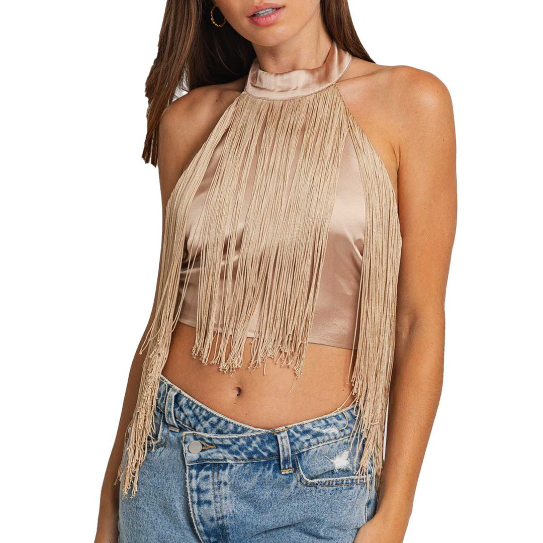 Le Lis Women's Fringed Halter Top - Champagne