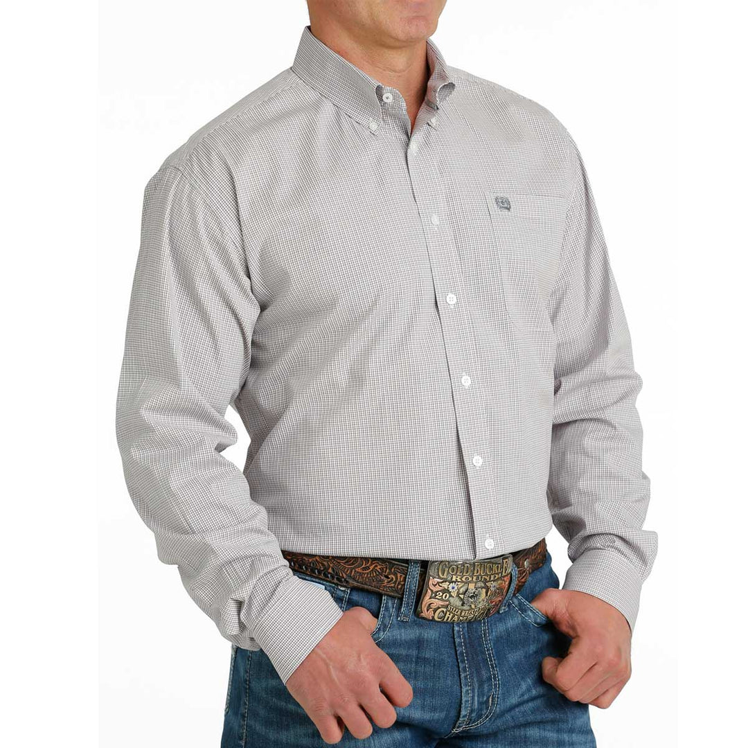 Cinch Men's Mini Check Stretch Long Sleeve Shirt - White Grey Red