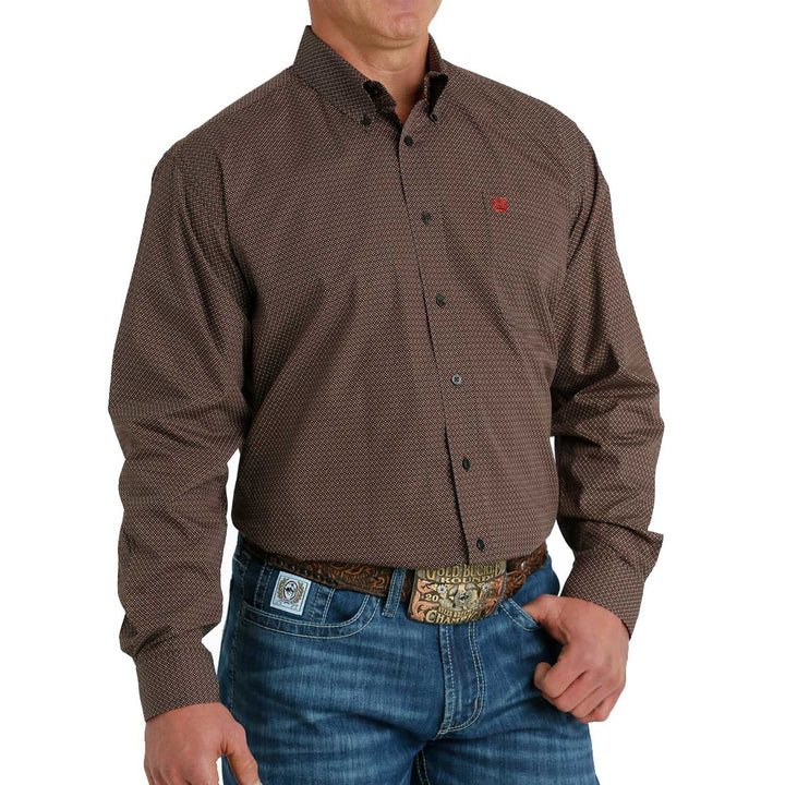 Cinch Men's Geometric Print Button Down Long Sleeve Shirt - Brown