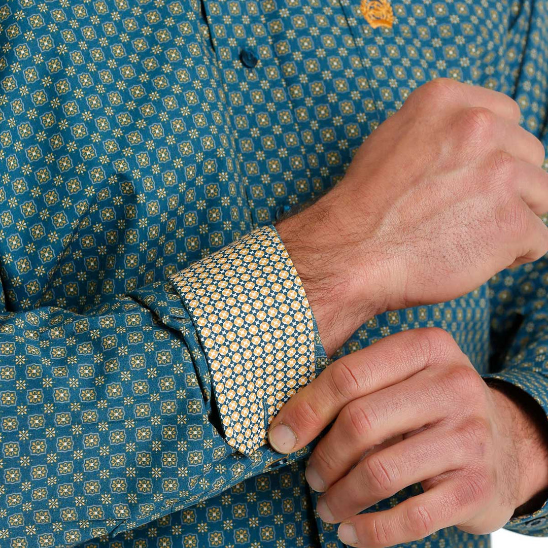 Cinch Men's Geometric Print Button Down Long Sleeve Shirt - Blue