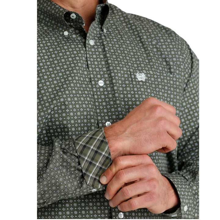 Cinch Men's Medallion Print Button Down Long Sleeve Shirt - Olive