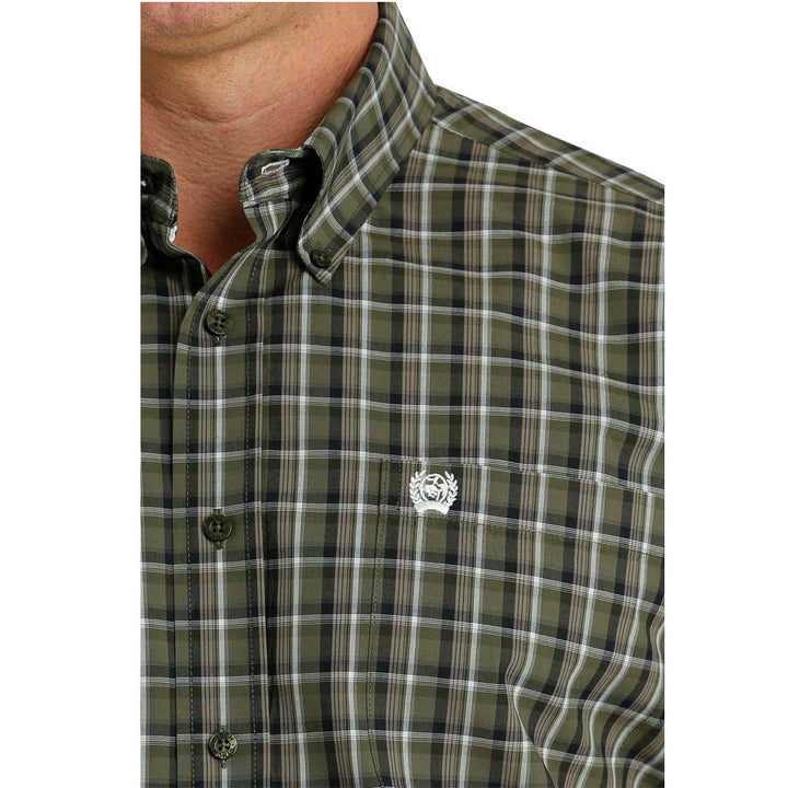 Cinch Men's Plaid Button Down Long Sleeve Shirt - Olive Black White