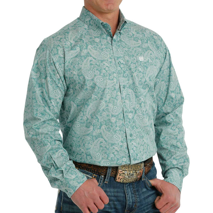 Cinch Men's Paisley Print Button Down Long Sleeve Shirt - Turquoise