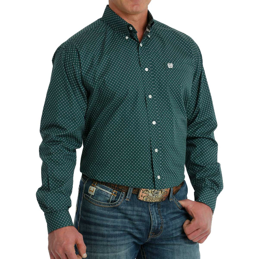 Cinch Men's Geometric Print Button Down Long Sleeve Shirt - Green