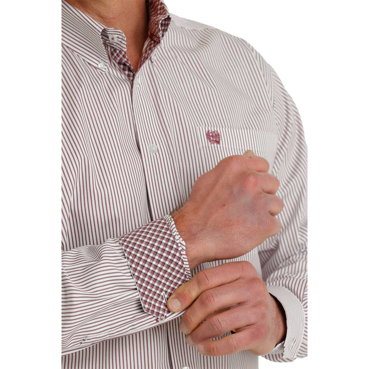 Cinch Men's Stripe Print Button Down Long Sleeve Shirt - White