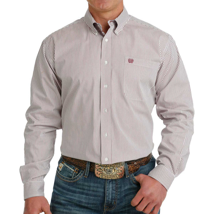 Cinch Men's Stripe Print Button Down Long Sleeve Shirt - White