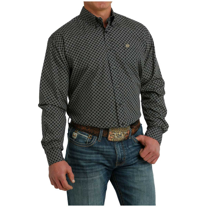 Cinch Men's Geometric Print Button-Down Long Sleeve Shirt - Black