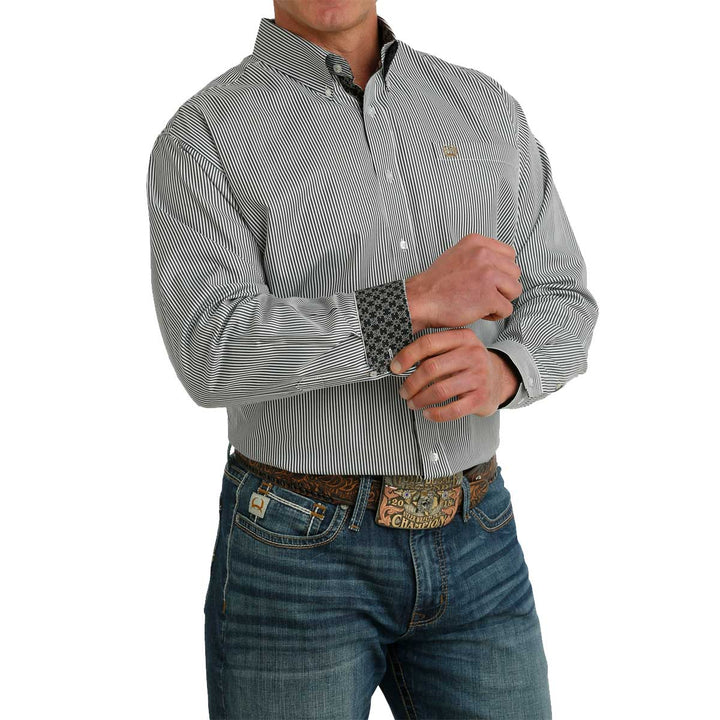 Cinch Men's Tencel Stripe Button-Down Long Sleeve Shirt - White