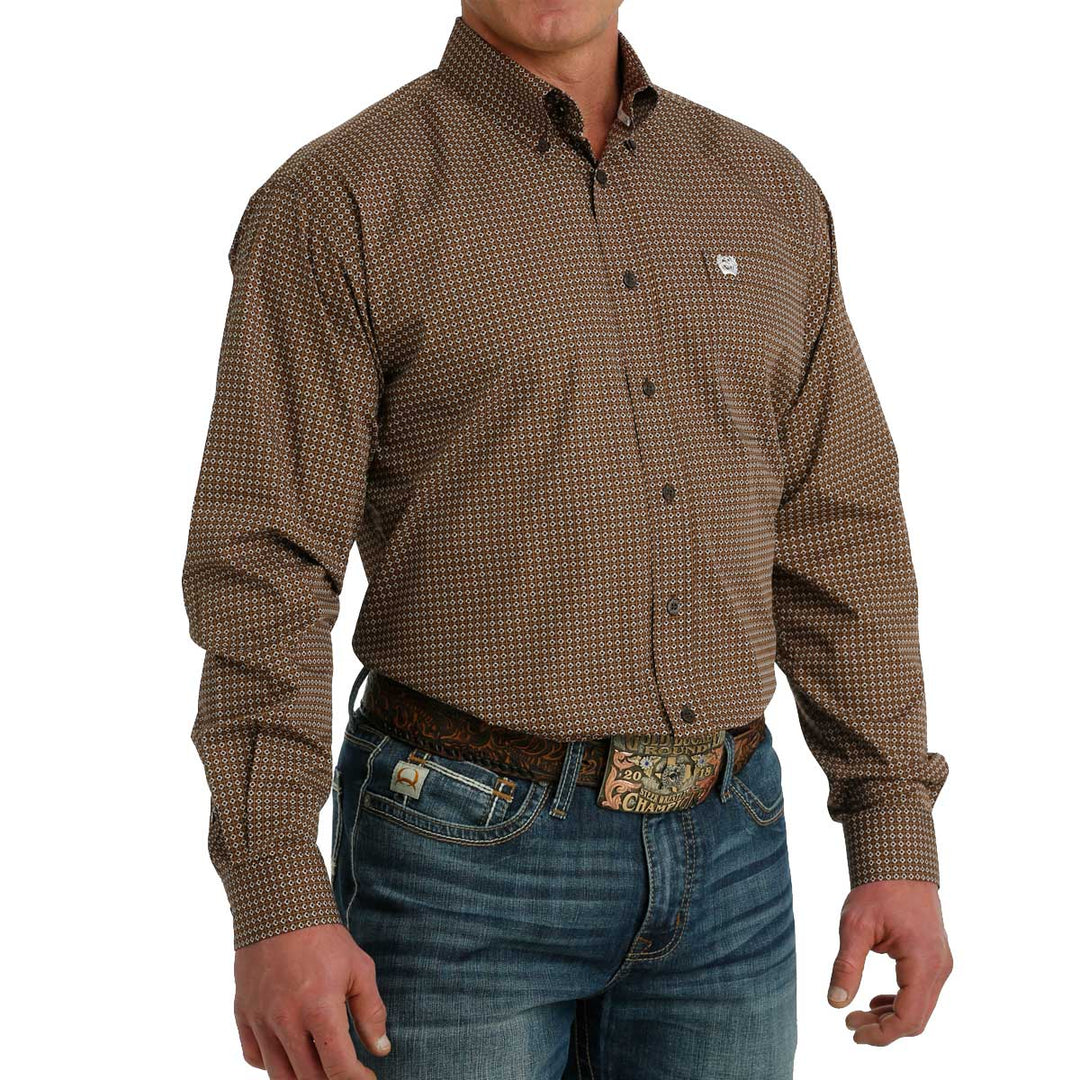 Cinch Men's Geometric Print Button Down Long Sleeve Shirt - Brown
