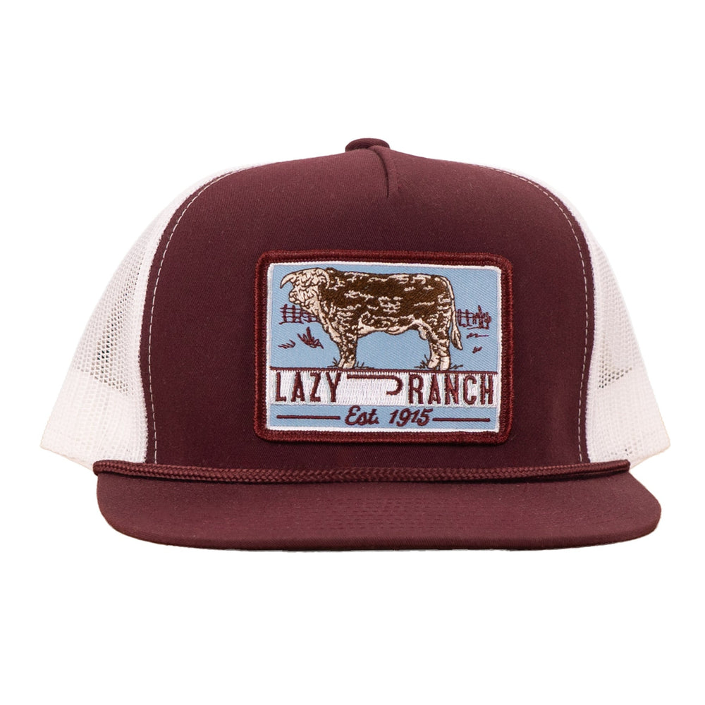 
                  
                    Lazy J Ranch Maroon & White Blue Bull Trap Patch Classic Five Panel Trucker Hat-Lazy J Ranch Wear
                  
                