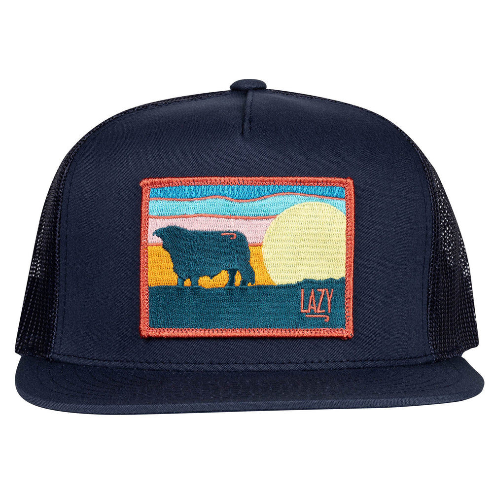 
                      
                        Lazy J Ranch Navy Hereford Sky Classic Five Panel Trucker Hat-High Profile-NAVY4SKY
                      
                    