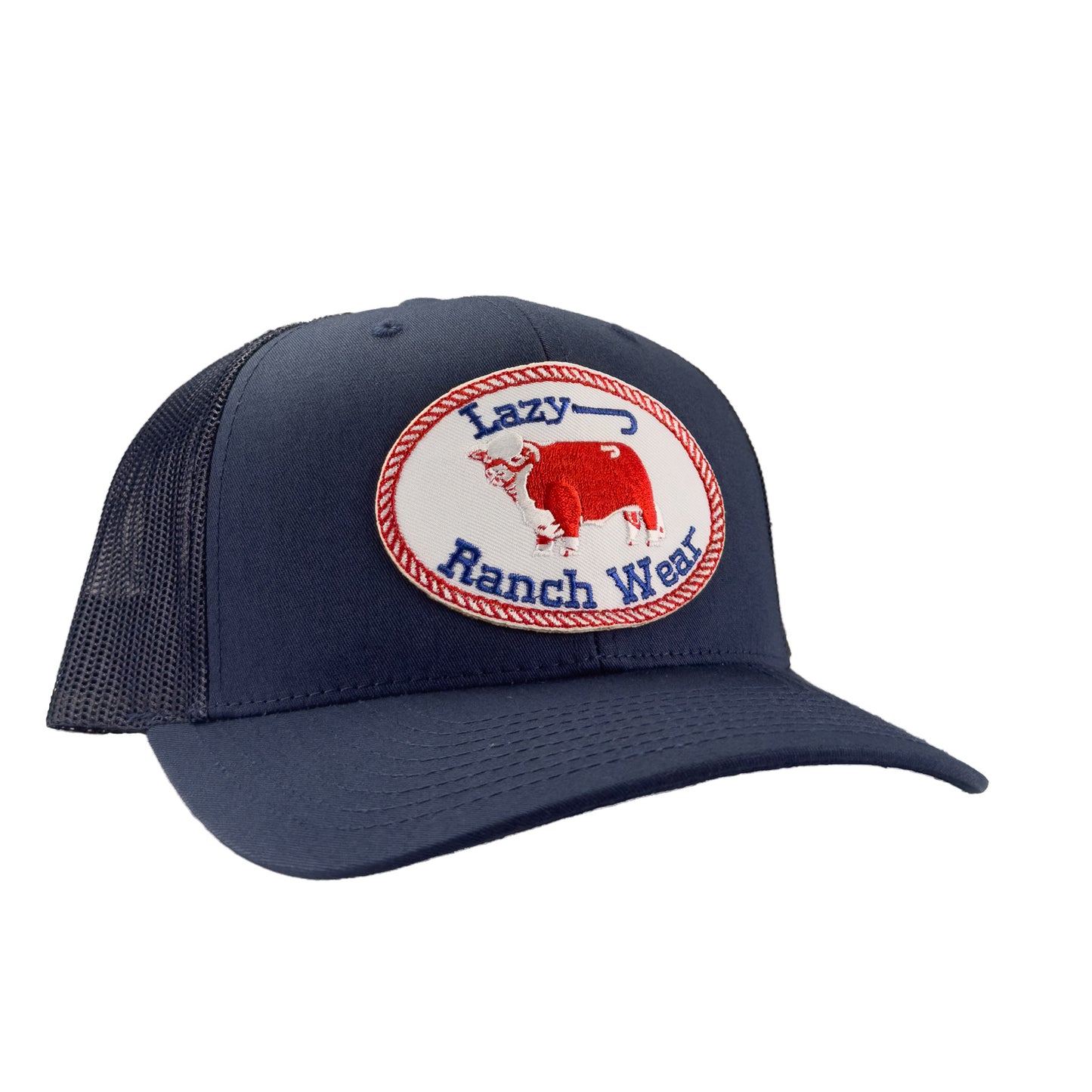 Lazy J Ranch Navy Mid Profile Trucker Hat - Multiple Patches-NVYNVY1-RWB