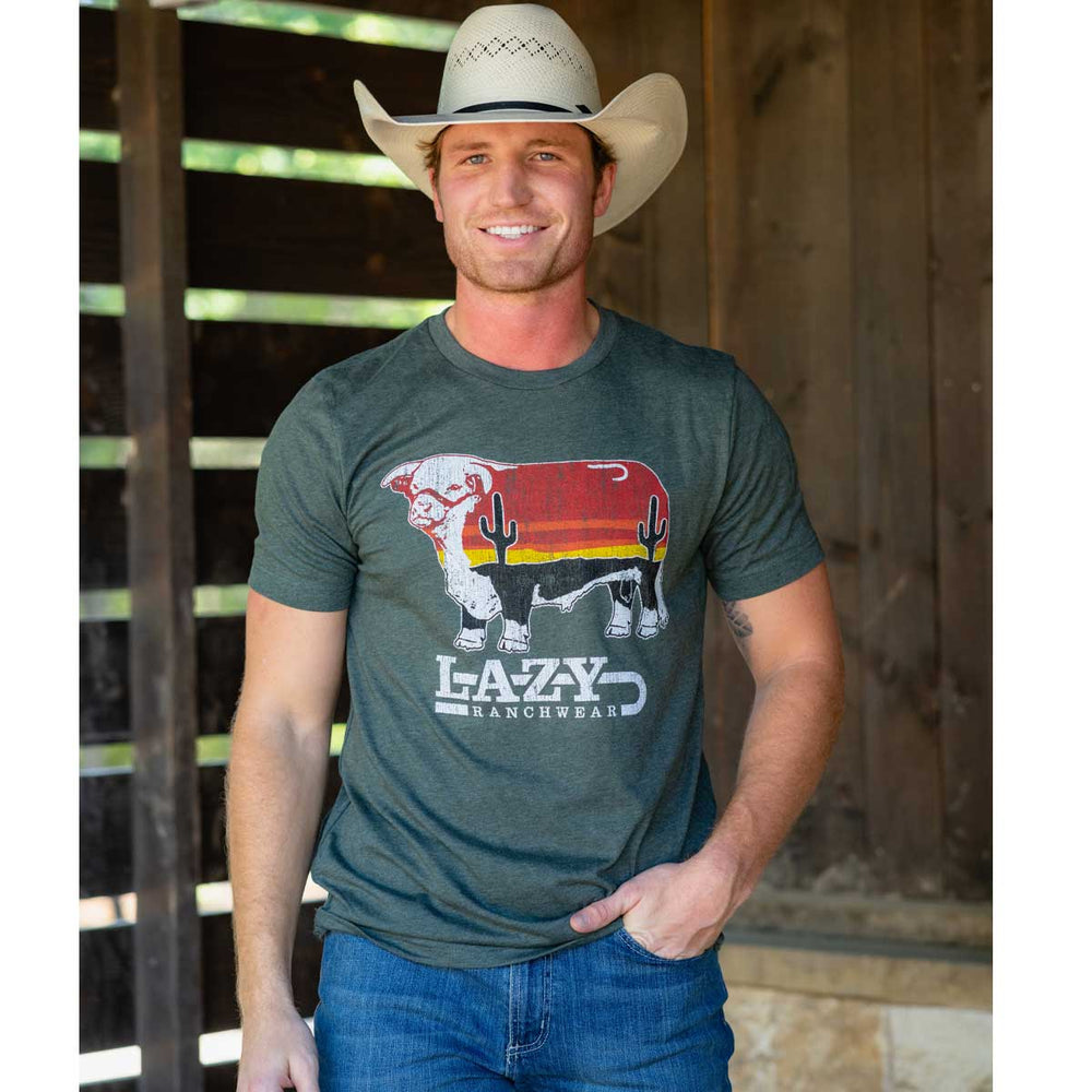 
                      
                        Lazy J Ranch Sunrise Bull Short Sleeve T-Shirt - Heather Forest Green
                      
                    