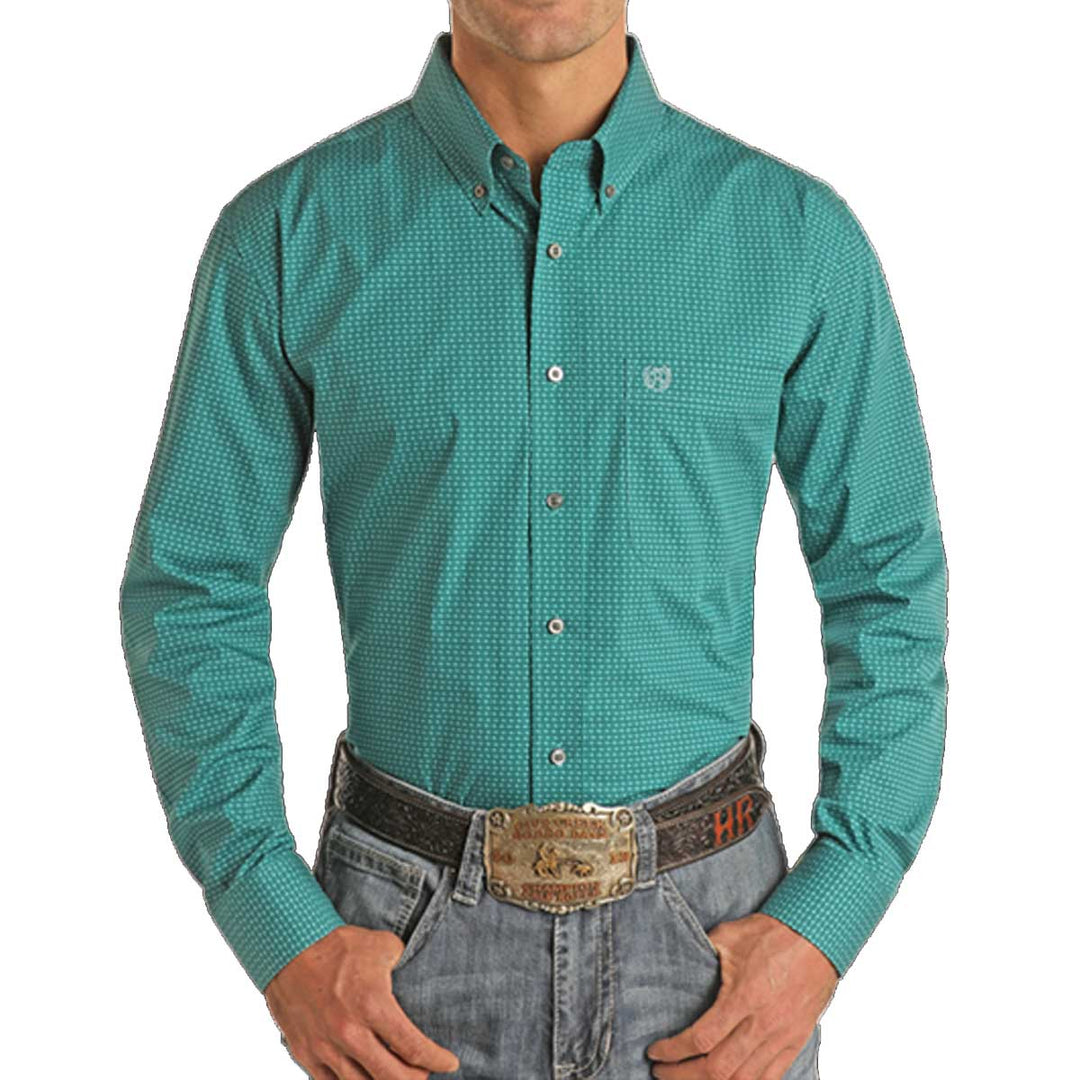Panhandle Men's Ditsy Geo Print Long Sleeve Shirt - Teal