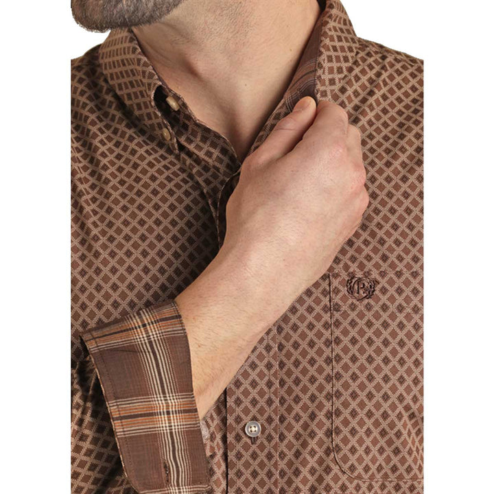 Rock & Roll Cowboy Men's Regular Fit Diamond Geo Button Long Sleeve Shirt - Brown