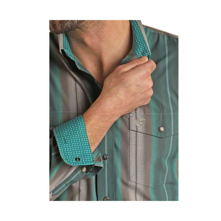 Panhandle Men's 2 Pocket Striped Snap Long Sleeve Shirt - Teal