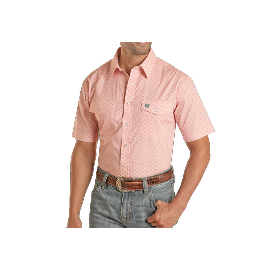 Panhandle Men's Slim Fit Diamond Print Snap Short Sleeve Shirt - Melon
