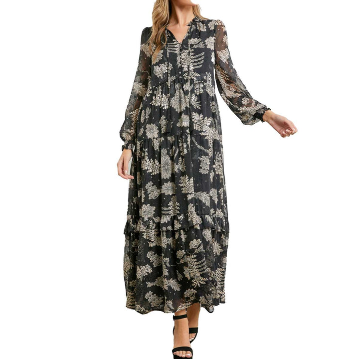 Polagram Women's Floral Woven Long Sleeve Maxi Dress - Black