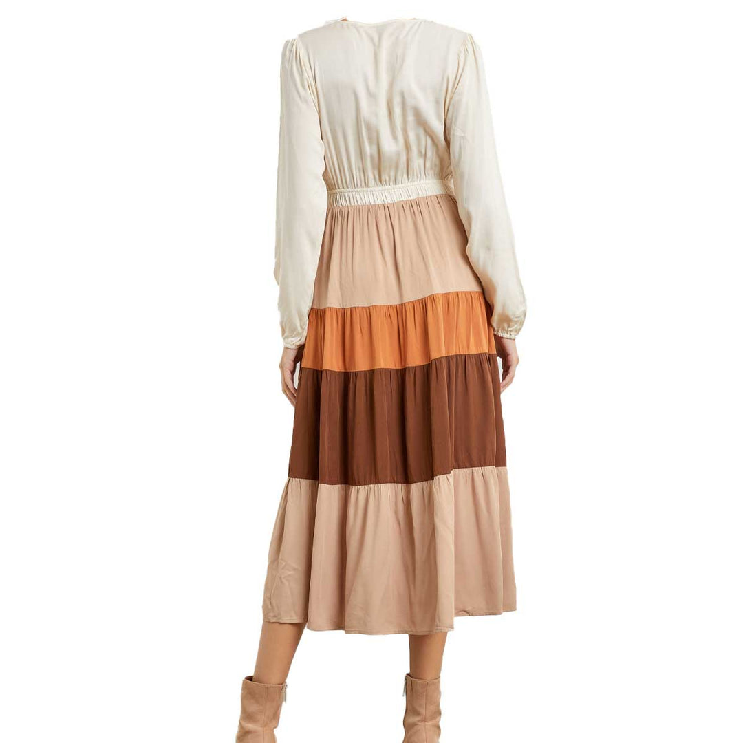 Polagram Women's Long Sleeve Color Block Maxi Dress - Cream