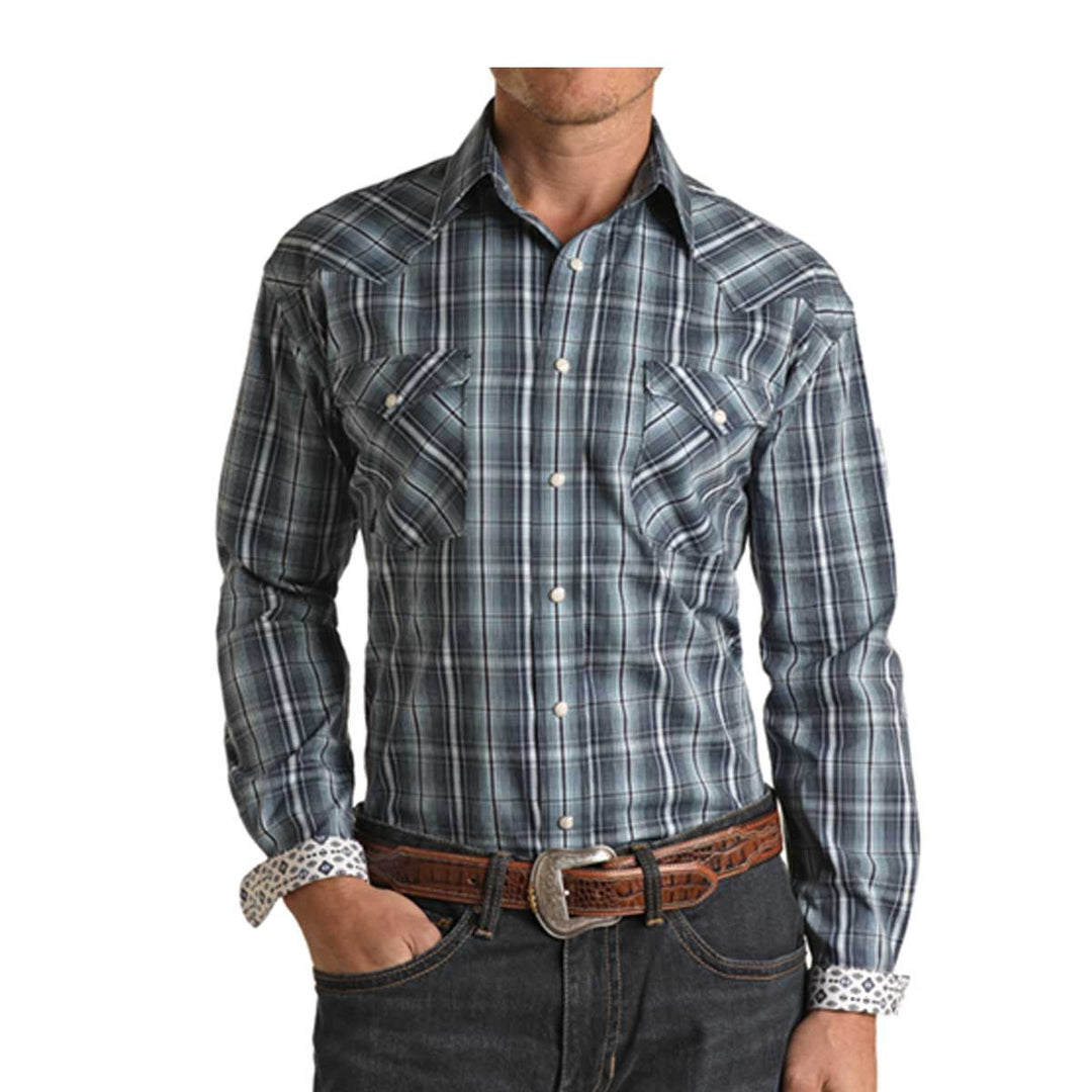 Panhandle Men's Rough Stock Pearl Snap Long Sleeve Shirt - Blue