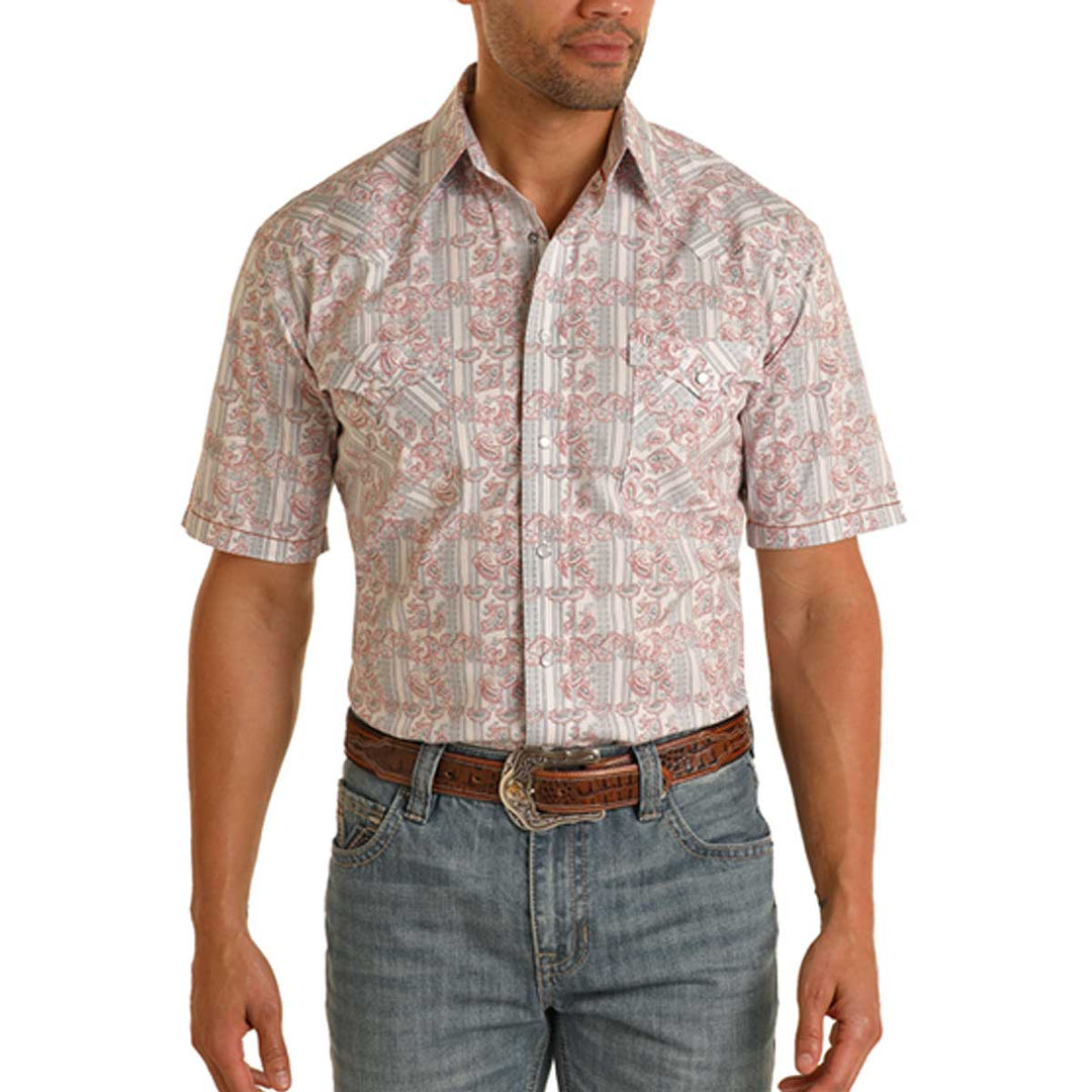 Panhandle Men's Rough Stock Paisley Stripe Snap Short Sleeve Shirt - Grey