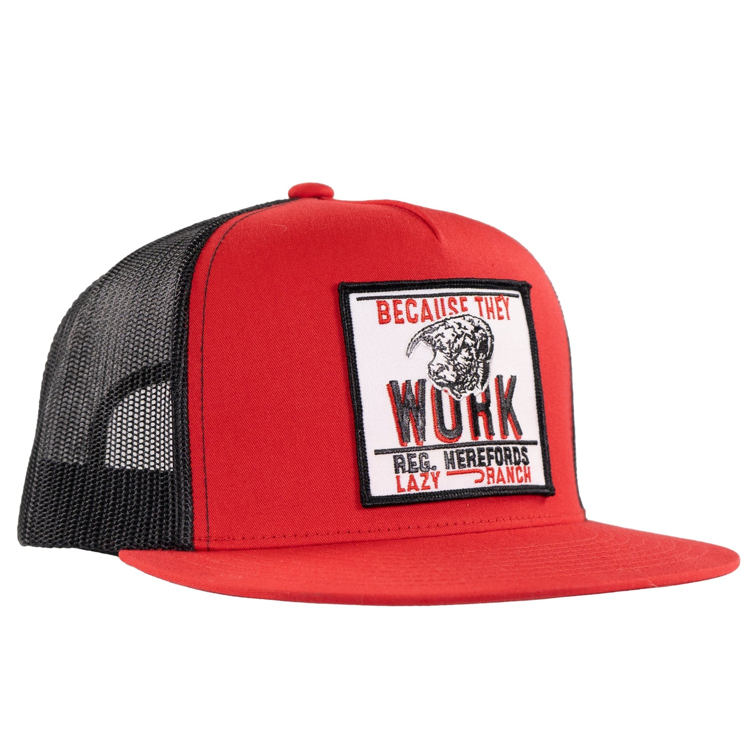 Lazy J Ranch Red & Black Because They Work Classic Five Panel Trucker Hat-Lazy J Ranch Wear
