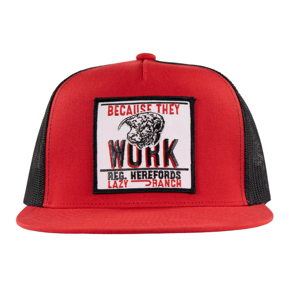 
                      
                        Lazy J Ranch Red & Black Because They Work Classic Five Panel Trucker Hat-High Profile-REDBLK4-BTW-WHT
                      
                    