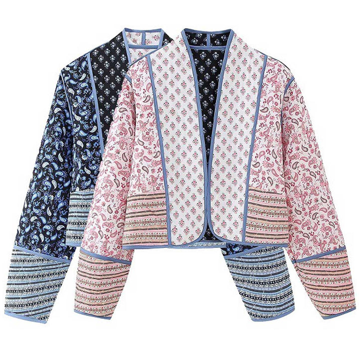 Sundayup Women's Paisley Print Reversible Cropped Jacket - Blue Pink