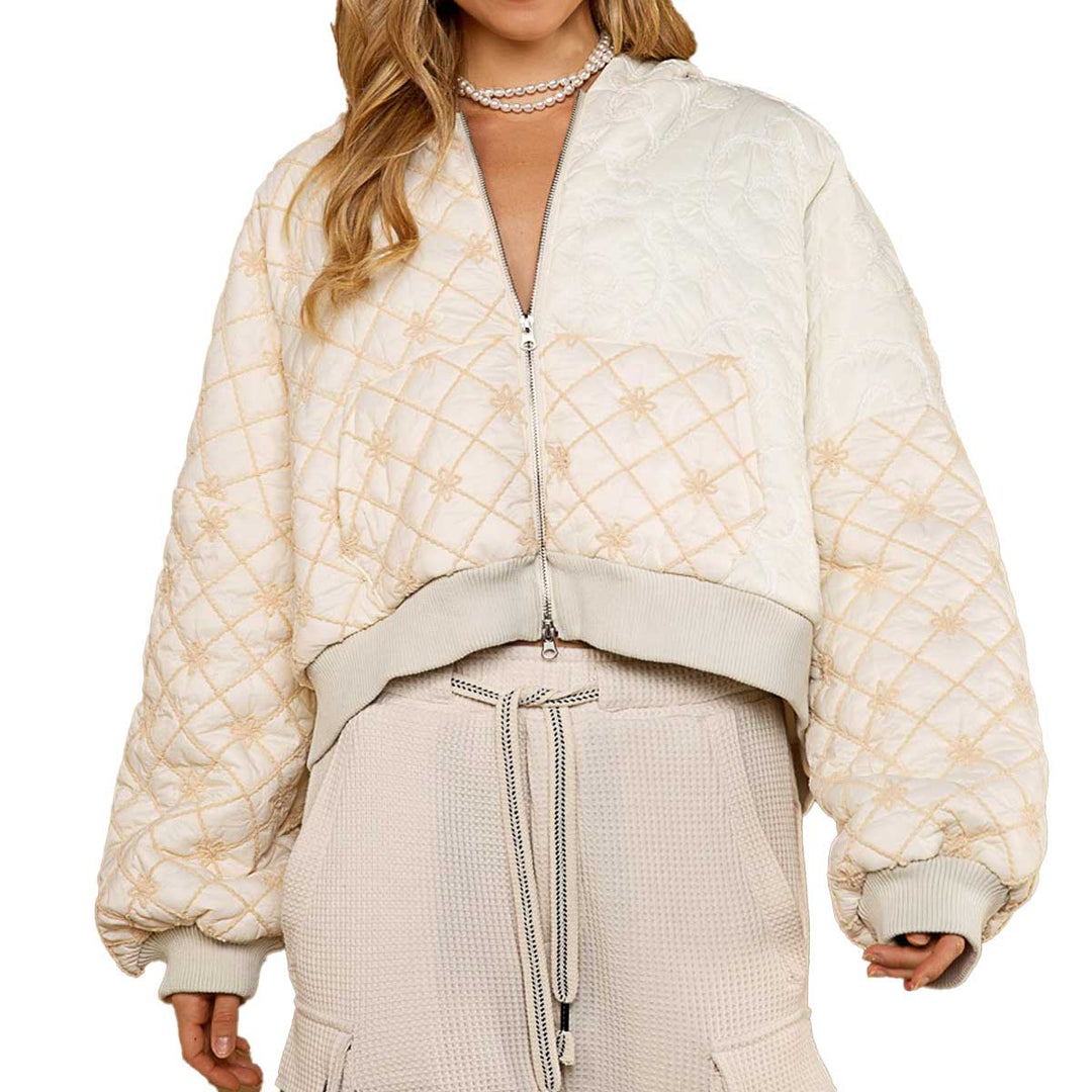 Pol Clothing Women's Cropped Quilted Hooded Jacket - Ivory