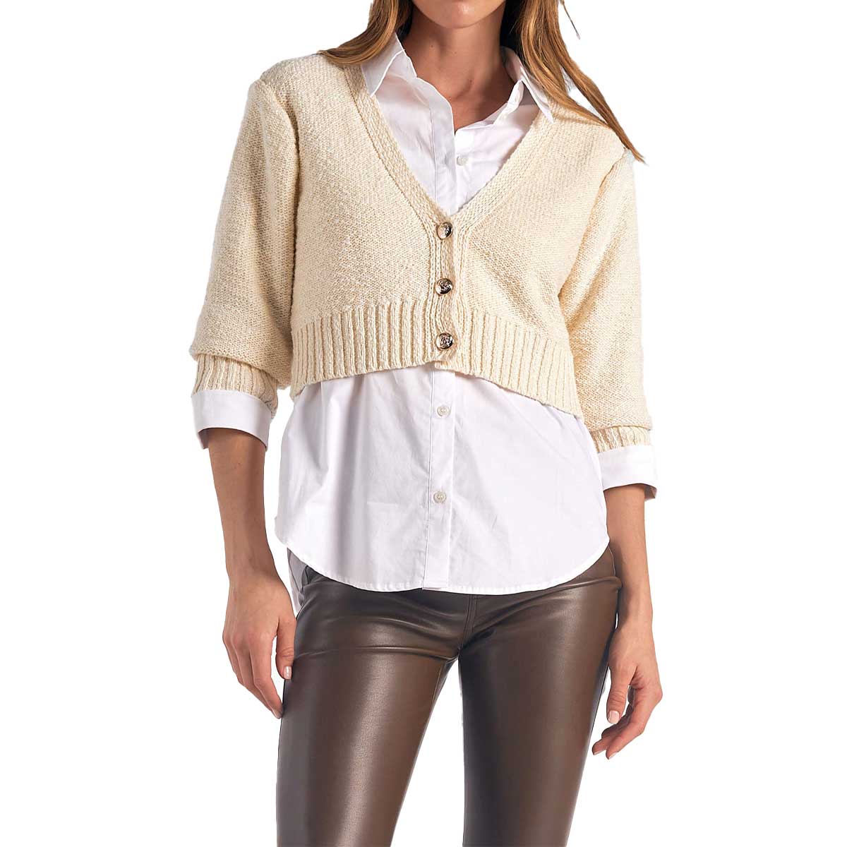 Elan Women s Cropped Sweater Shirt Combo Off White Lazy J