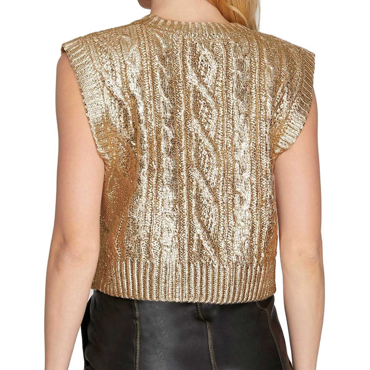 She + Sky Women's Cable Knit Metallic Cropped Sweater Vest - Gold