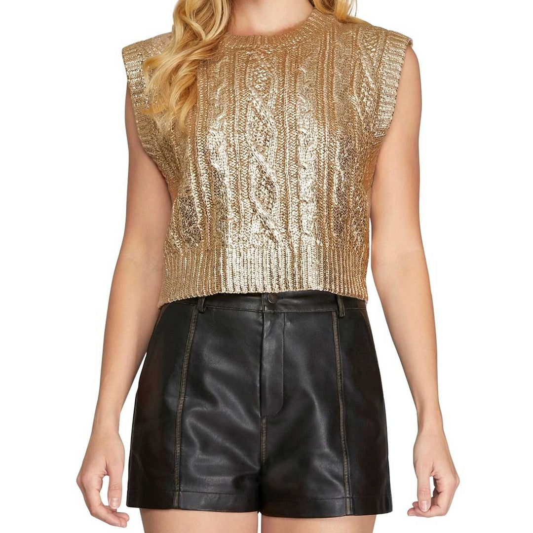 She + Sky Women's Cable Knit Metallic Cropped Sweater Vest - Gold