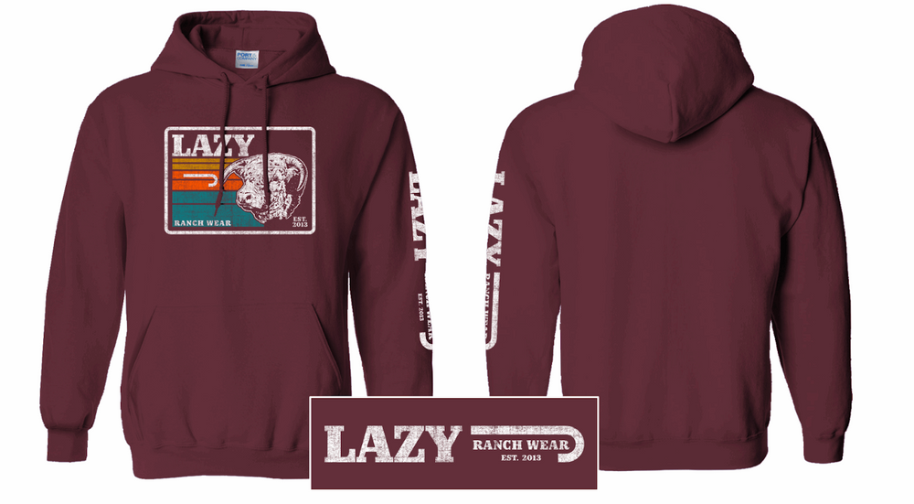 
                      
                        Lazy J Ranch Sunset Retro Pullover Hoodie - Maroon-
                      
                    