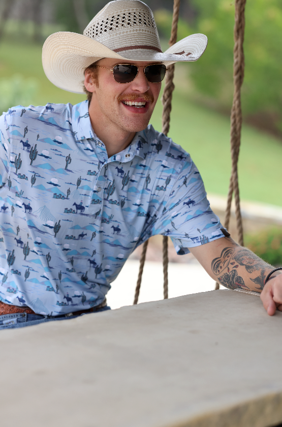 Lazy J Ranch Men's Cactus Print Performance Polo Shirt - Blue-Lazy J Ranch Wear