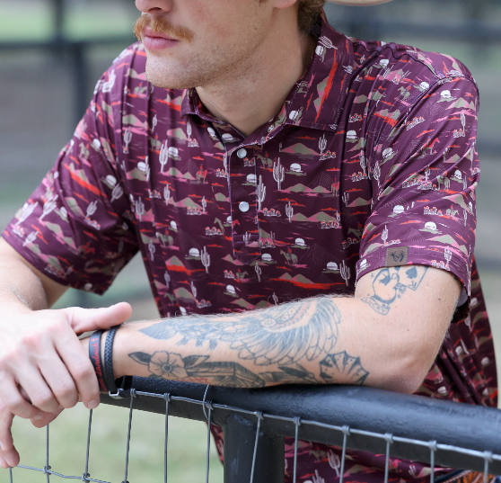 Lazy J Ranch Men's Cactus Print Performance Polo Shirt - Maroon-Lazy J Ranch Wear