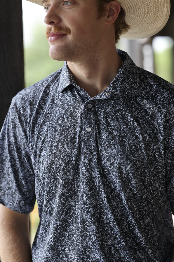 Lazy J Ranch Men's Paisley Print Performance Polo Shirt - Black-Lazy J Ranch Wear