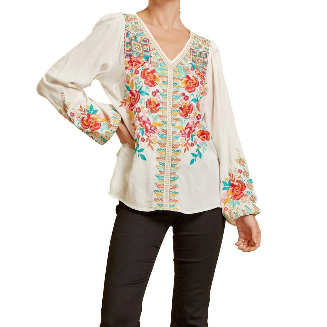 Savanna Jane Women's Long Sleeve Embroidered Top - Apricot