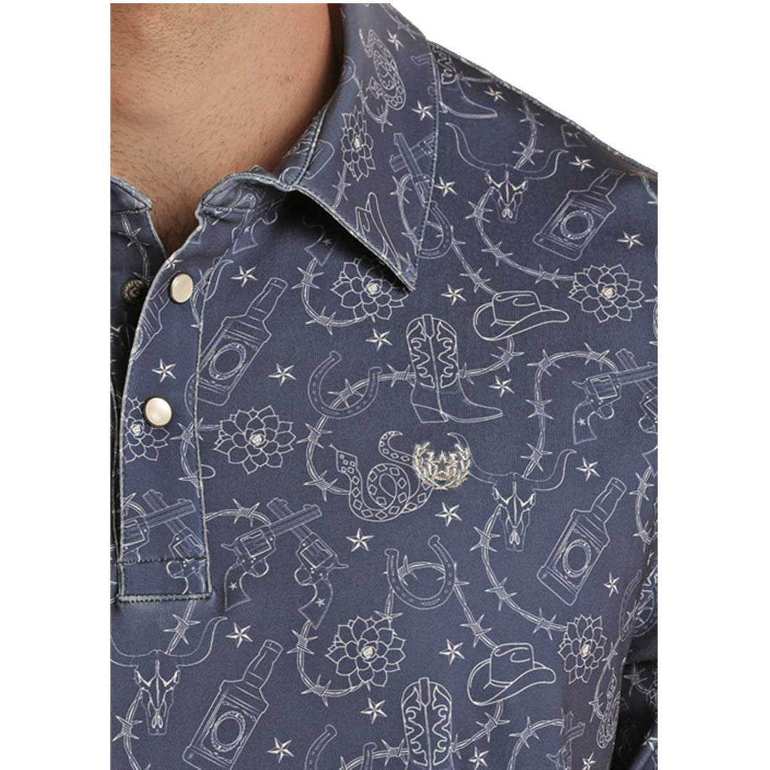 Panhandle Men's Tattoo Conversational Snap Polo Short Sleeve Shirt - Blue